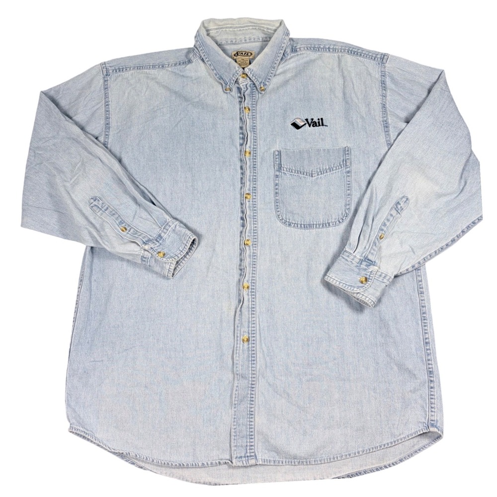 VNTG Vail Mens XL Denim Shirt Light Wash Long Sleeve Button‎ Down Logo Skier